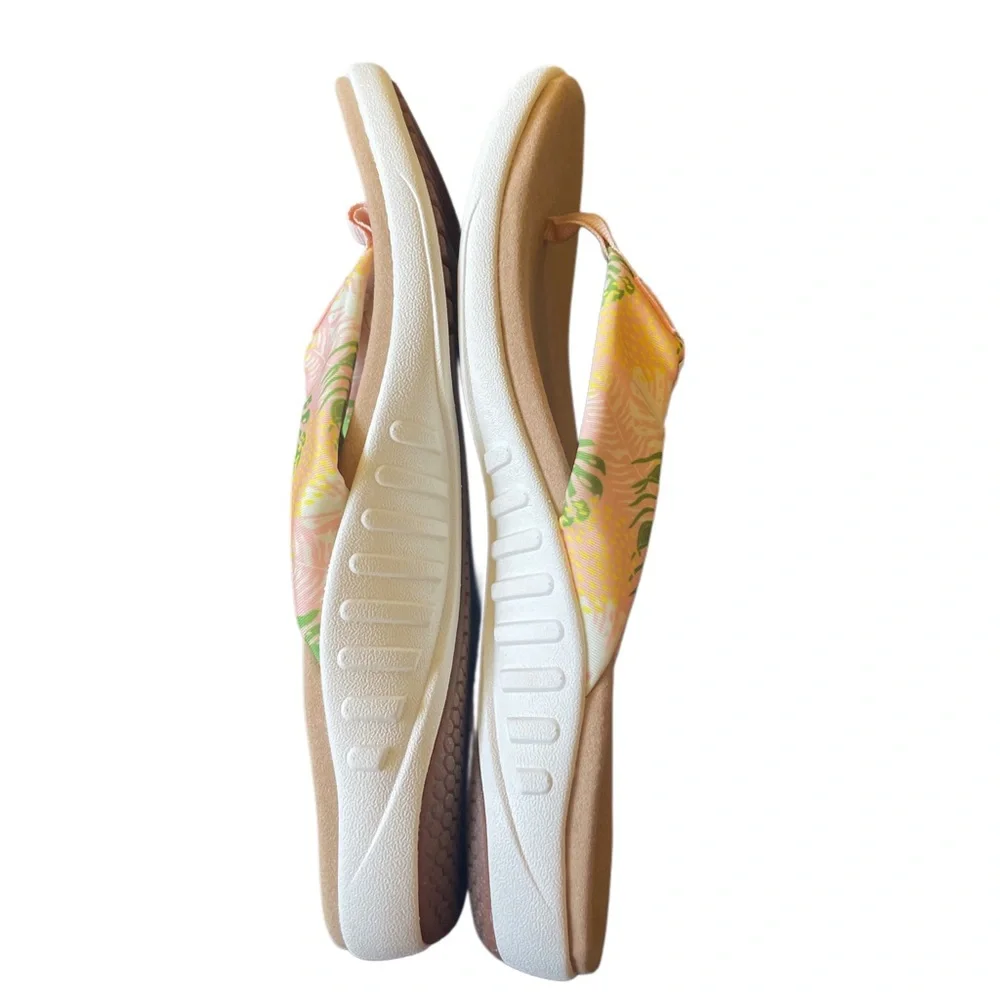 Spenco Yumi Tropical Palm Print Orthotic Thong Sandals Pink Green Mens 10 - Picture 3 of 5